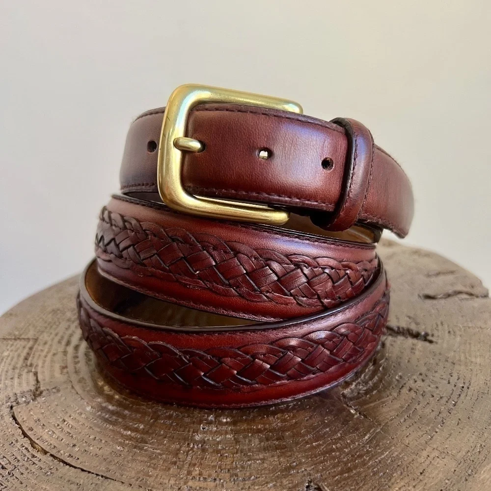 Mens FJ Tanned Cowhide Leather Cognac Brown with Solid Gold Brass Buckle Belt